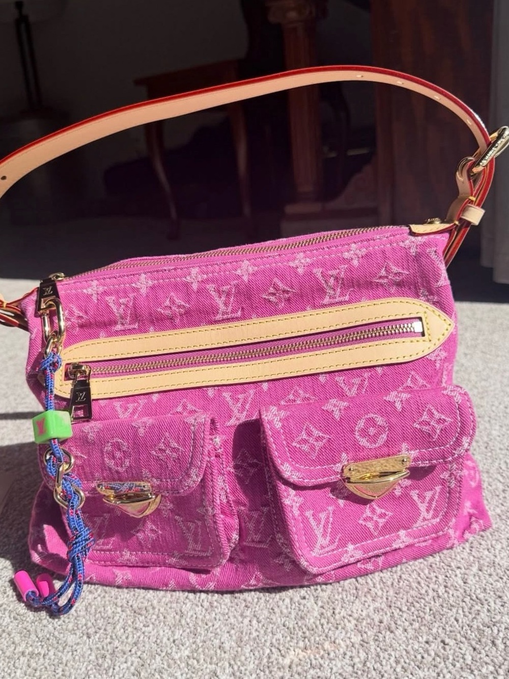 Louis Vuitton Pink Monogram Denim Shoulder Bag with Dual Front Pockets
